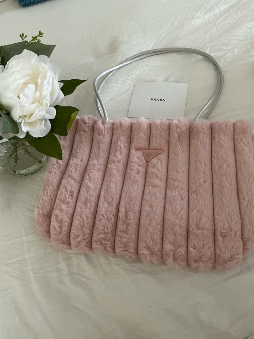 PRADA NWT  Blush Pink Faux Fur Shoulder Bag with Silver Strap with Insert - Picture 2 of 7